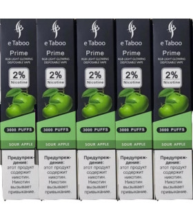 Светящаяся перезаряжаемая одноразка eTaboo Prime 3000 puffs Зелёное яблоко оптом, E-Taboo , 7,10 $