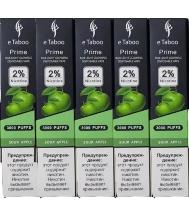 Светящаяся перезаряжаемая одноразка eTaboo Prime 3000 puffs Зелёное яблоко оптом, E-Taboo , 7,10 $