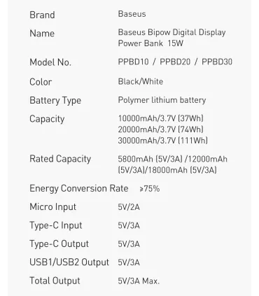 Power bank зі швидкою зарядкою 15W 10000 mAh Baseus Bipow PPBD10 оптом, Baseus , 16,50 $
