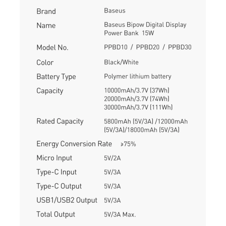 Power bank зі швидкою зарядкою 15W 10000 mAh Baseus Bipow PPBD10 оптом, Baseus , 16,50 $